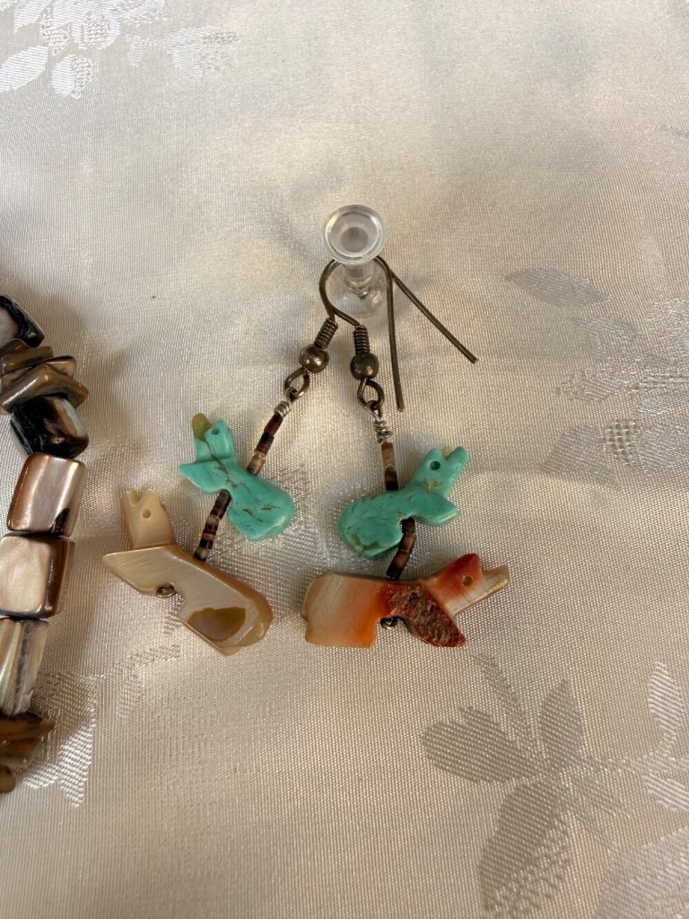 Vintage Mother-Of-Pearl & Turquoise Animal Beaded Earrings & Bracelet Set - Picture 2 of 12